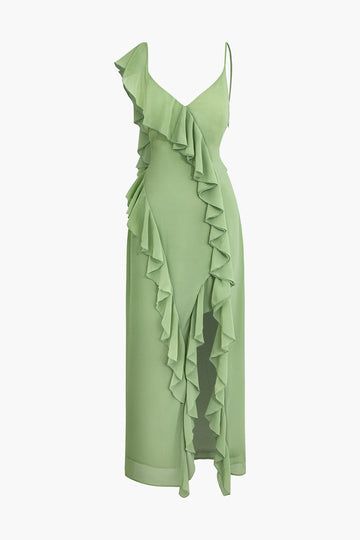 Asymmetric Ruffled Slit V-neck Backless Maxi Dress