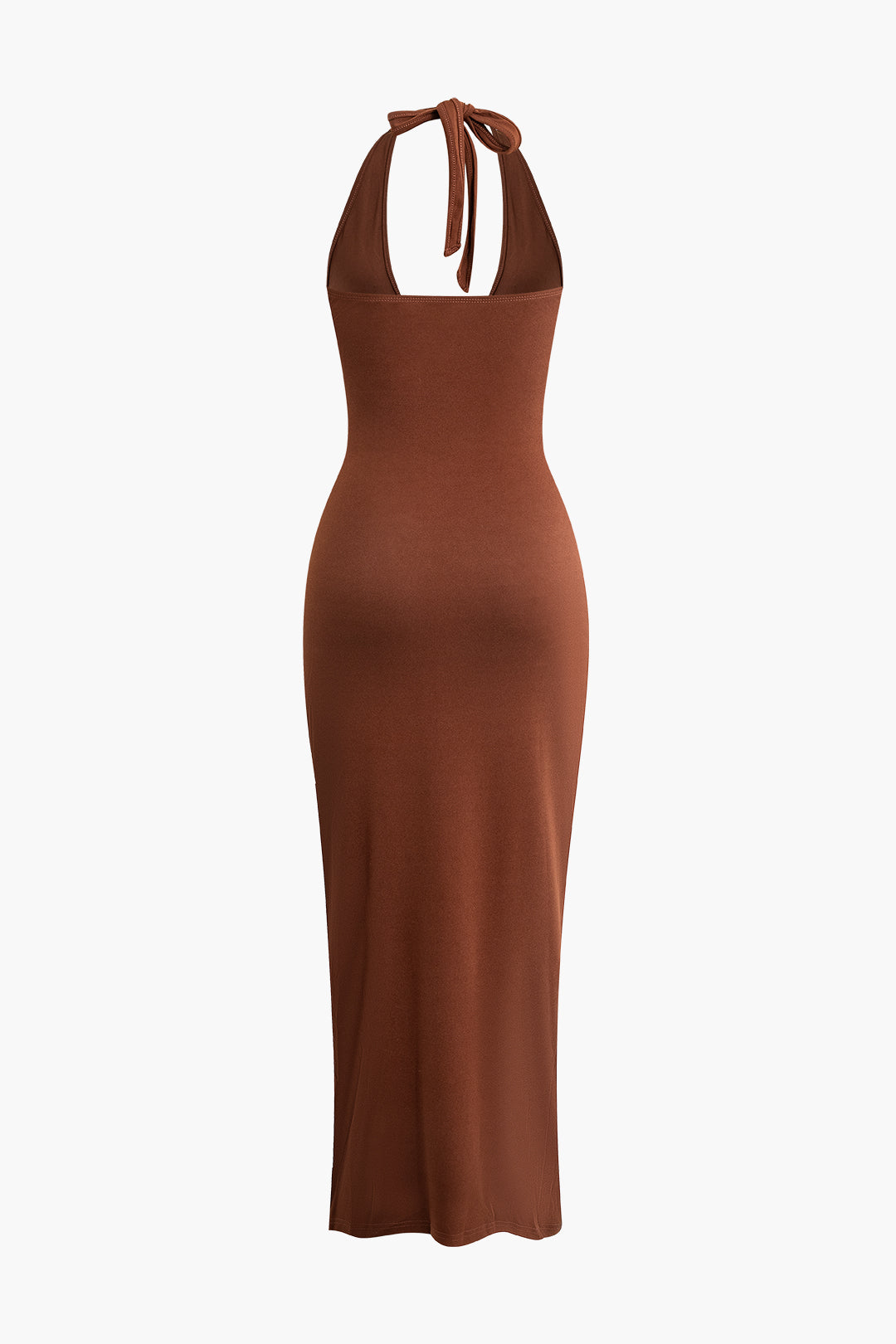 Ring Tie Halter Ruched Slit Deep V-neck Maxi Dress