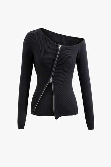 Asymmetrical Neck Zip Up Long Sleeve Knit Top