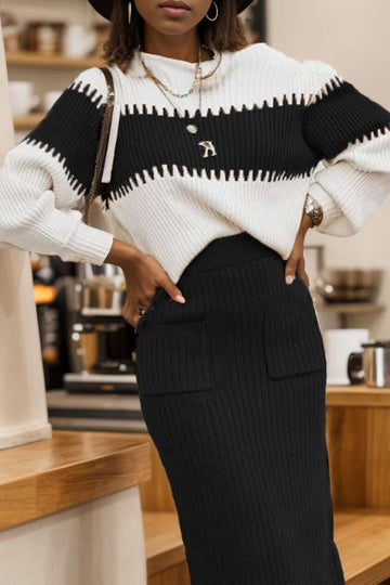 Color Block Ribbed Knit Long Sleeve Top And Midi Skirt Set