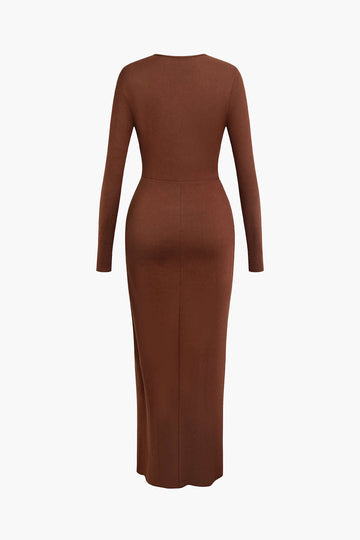 Cut Out Ruched Long Sleeve Wrap Slit Midi Dress