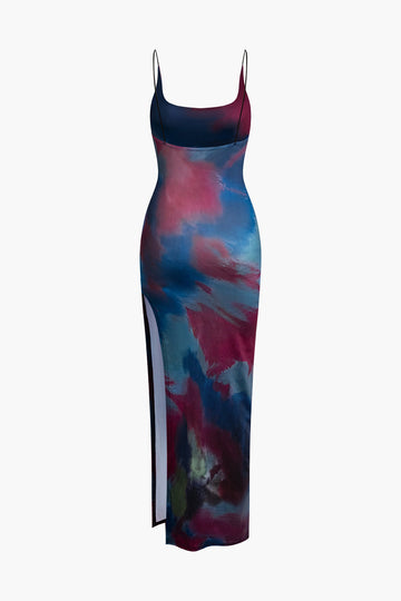 Tie Dye Backless Slit Slip Midi Dress