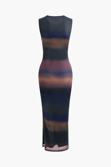 Tie Dye Mesh Sleeveless Slit Midi Dress