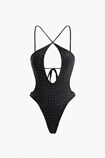 Tummy Control Rhinestone Embellished Tie Back One-Piece Swimsuit