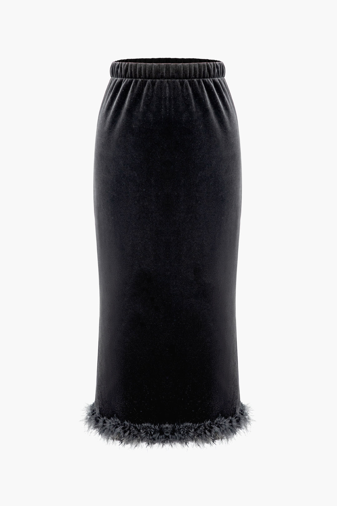 Vevlet Feather Hem Ruched Midi Skirt