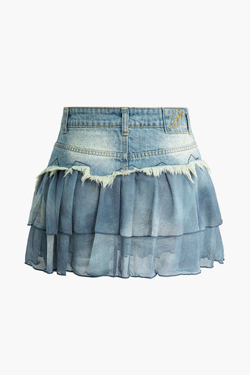 Mesh Patchwork Frayed Denim Mini Skirt