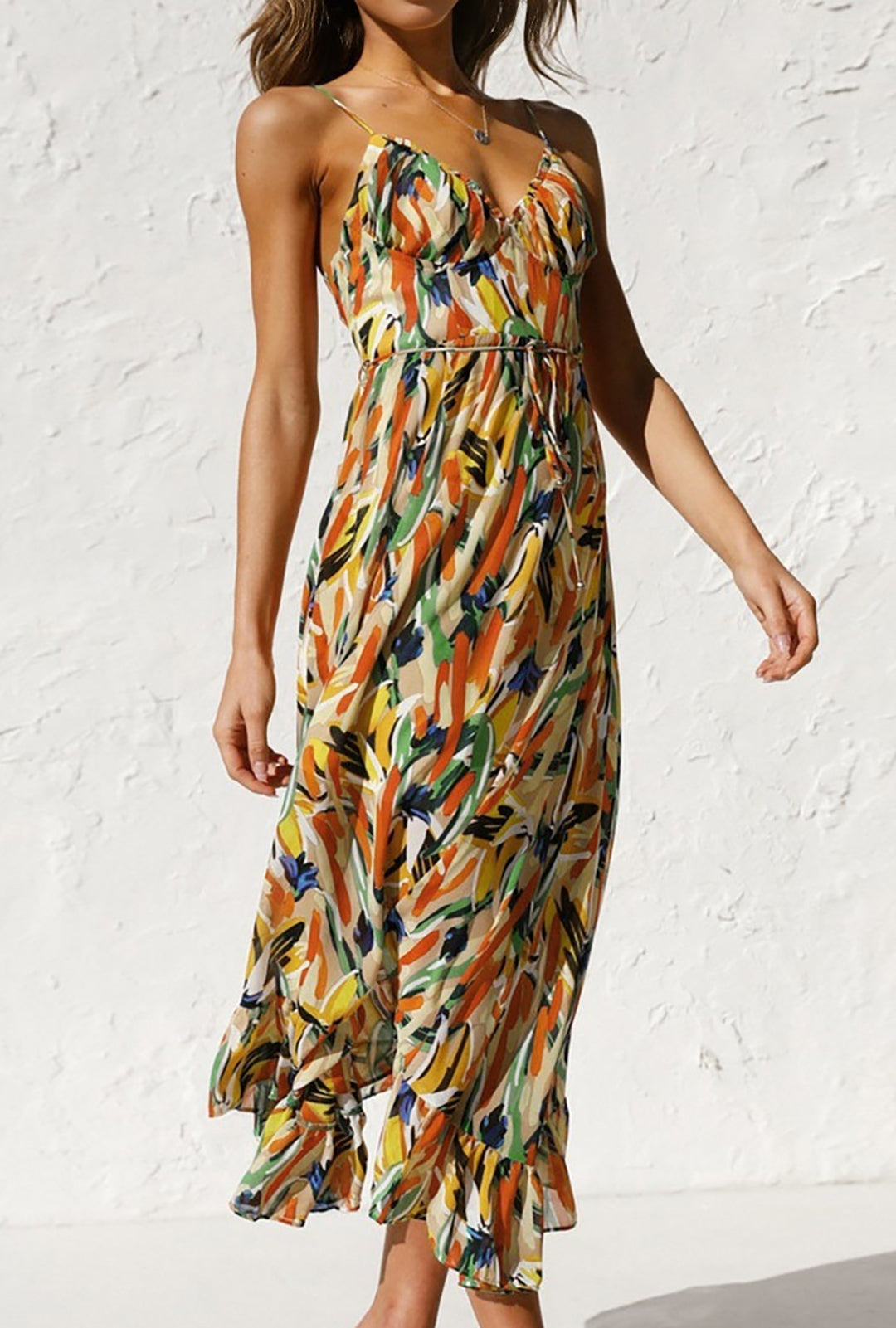 Abstract Print Ruffle Trim Spaghetti Strap Midi Dress