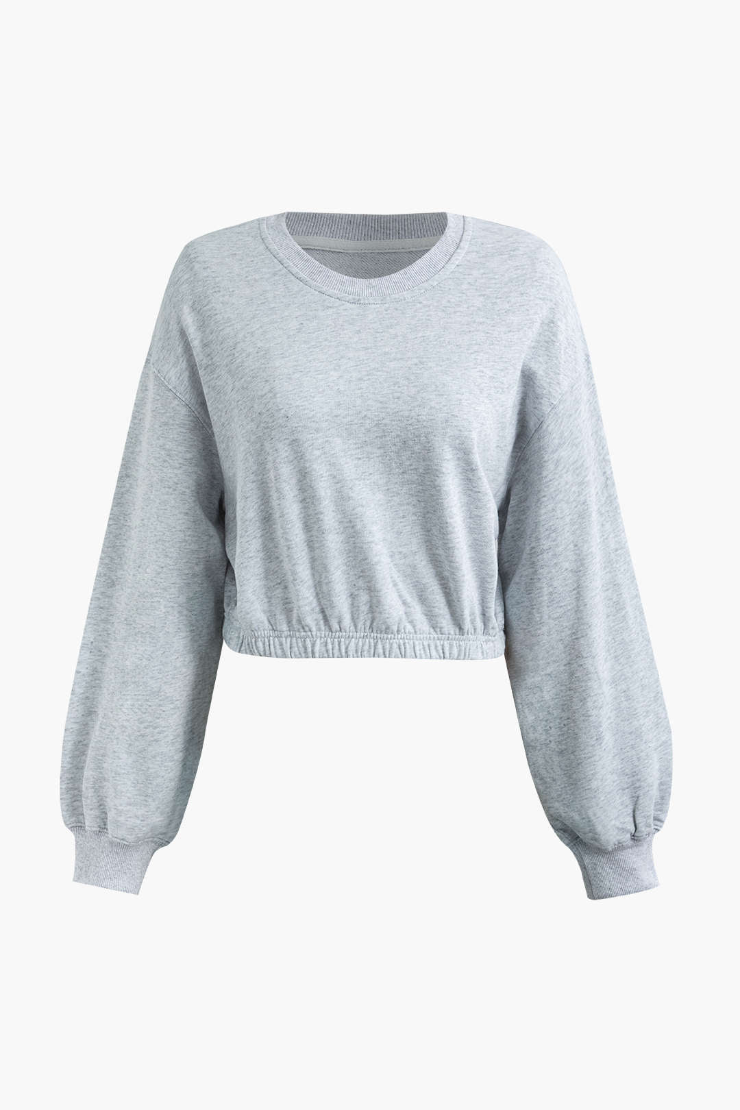 Solid Round Neck Elastic Hem Crop Sweatshirt