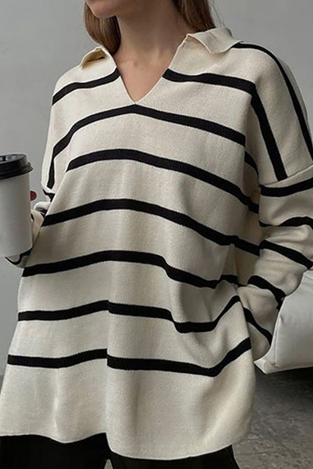 Contrast Stripe V-neck Long Sleeve Knit Top