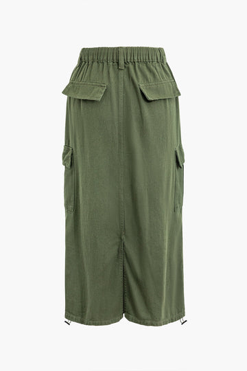 Flap Pocket Drawstring Split Cargo Skirt