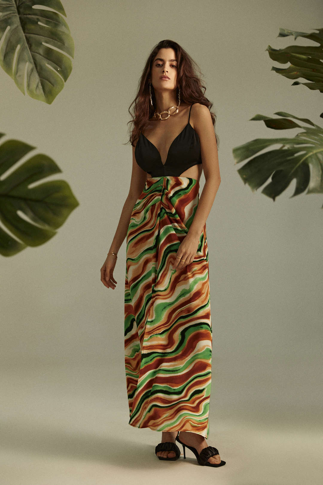 Printed Satin V-neck Cut Out Maxi Dress