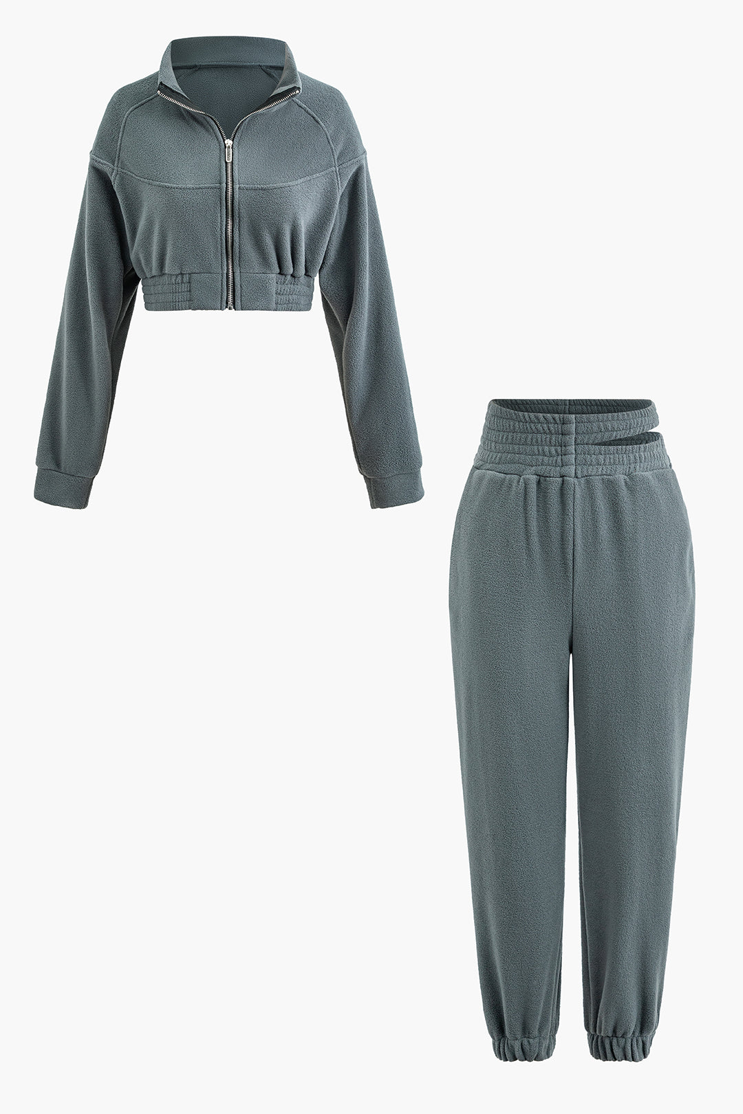 Polar Fleece Stand Collar Zip Up Sweatshirt And Cut Out Waist Pants Set