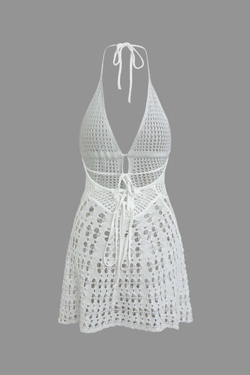 Crochet Halter Backless Knit Mini Dress