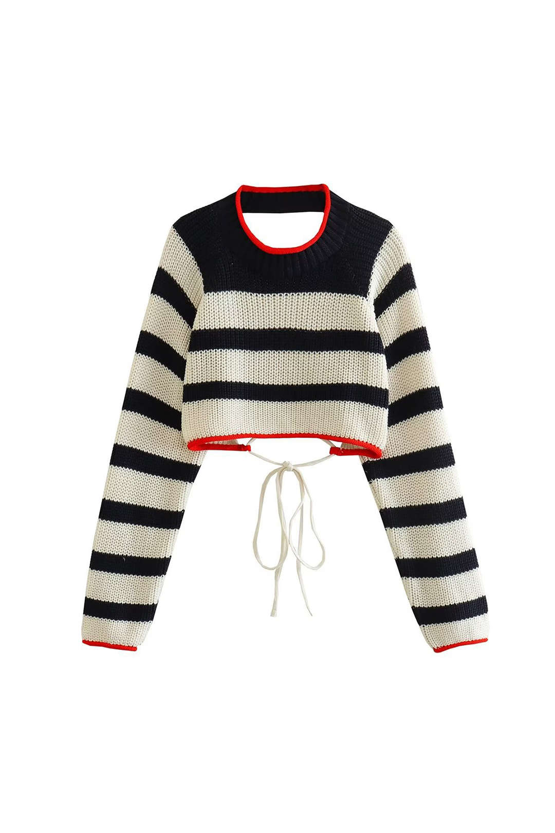 Contrast Stripe Backless Long Sleeve Knit Top