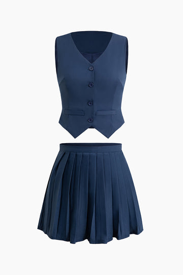 V-neck Vest And Pleated Mini Skirt Set