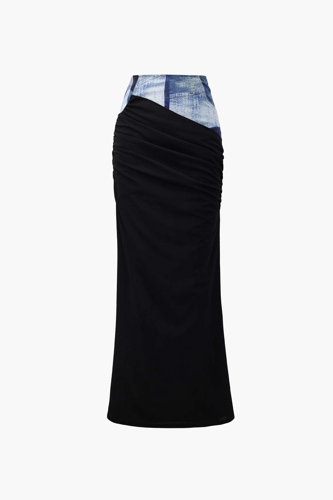 Jersey Panel Denim-Like Print Maxi Skirt