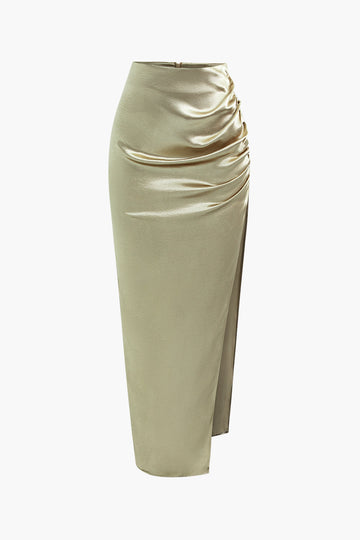 Satin Runched Split Maxi Skirt