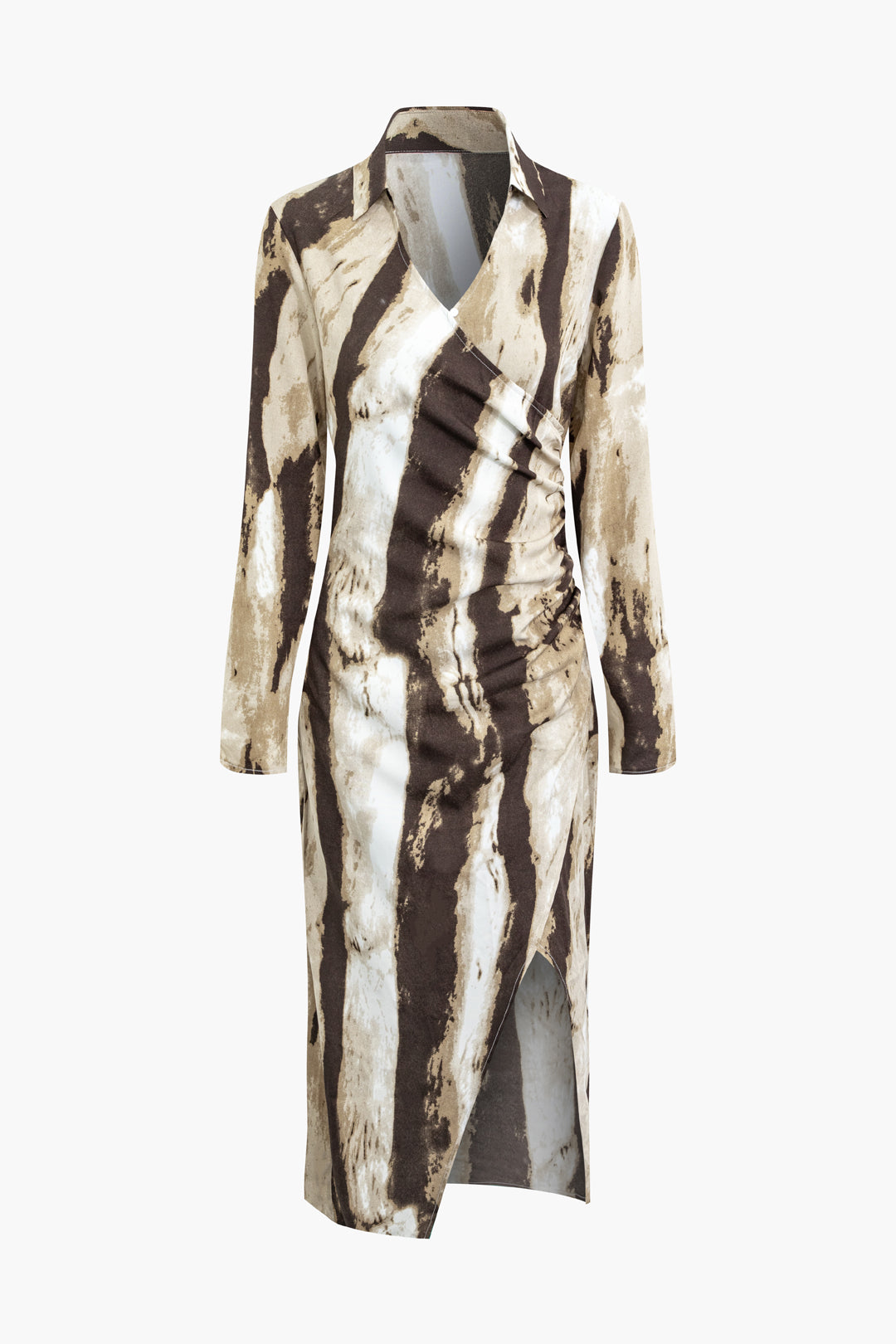 Tie Dye Open Collar Asymmetric Wrap Long Sleeve Midi Dress