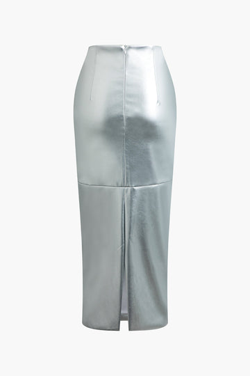 Metallic High Waisted Slit Midi Skirt