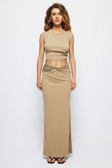 Solid Cut Out Crop Tank Top And Ruched Split Midi Skirt Set