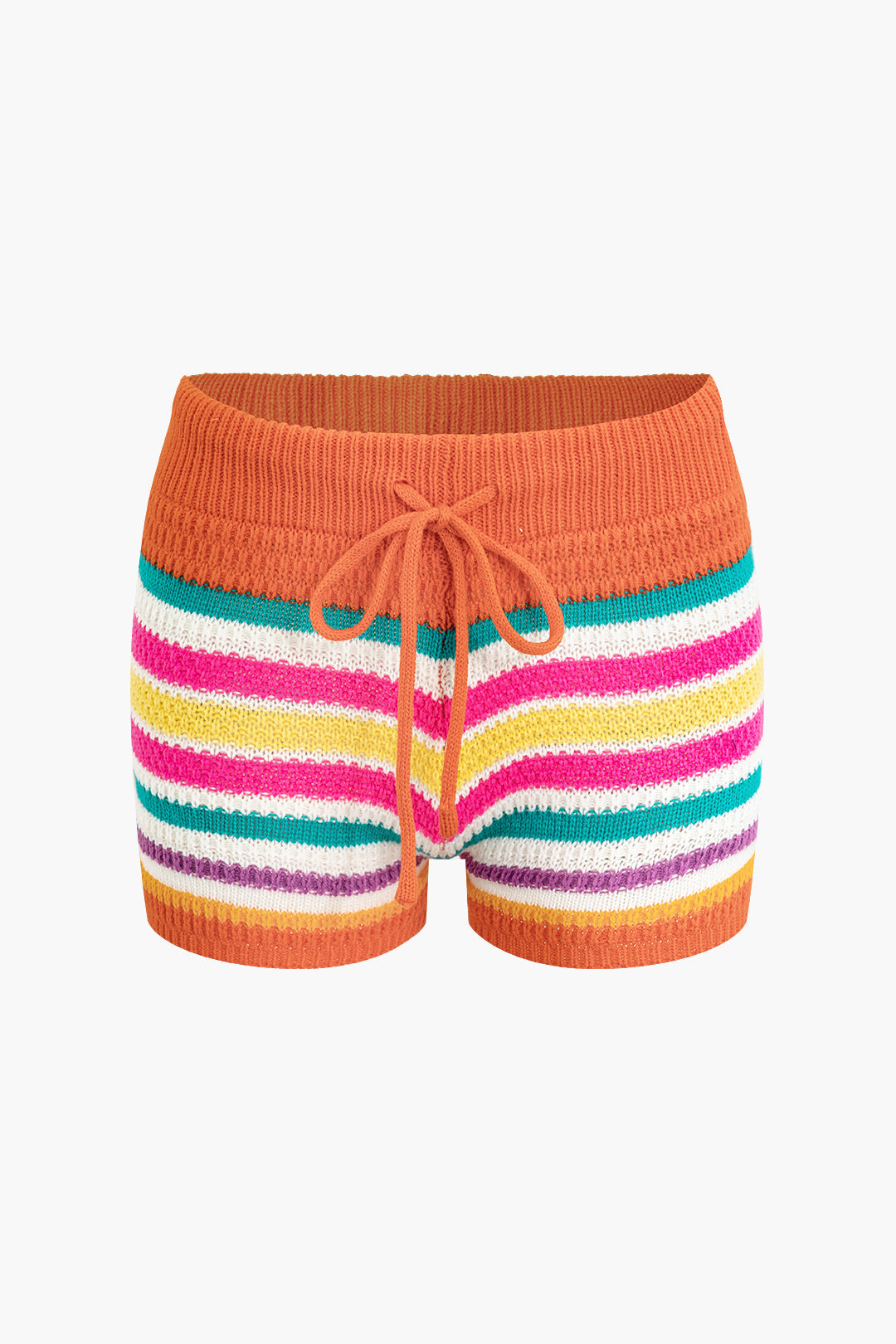 Coral Crochet Crop Top and Rainbow Stripe Shorts Set