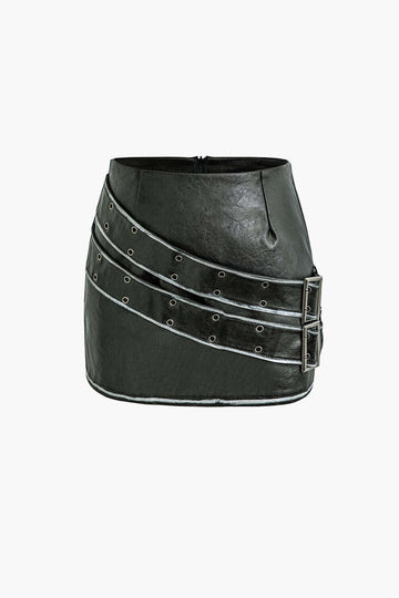 Faux Leather Belt Zipper Mini Skirt