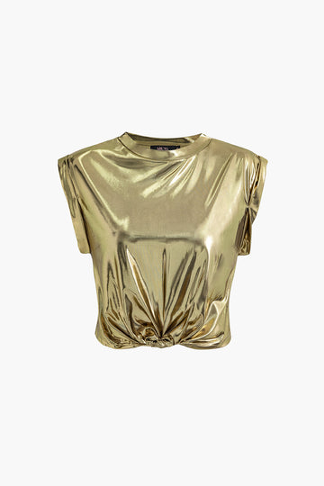 Metallic Rolled Cuff Knot Hem T-Shirt