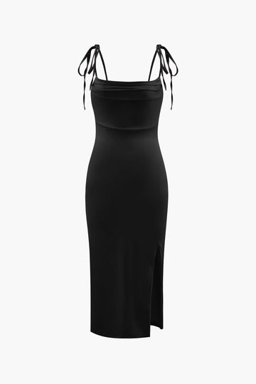 Ruched Tie Strap Slit Midi Dress