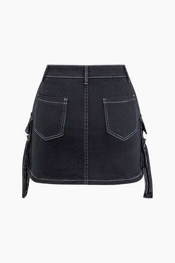 Stitching Flap Pocket Denim Mini Skirt