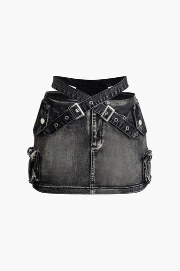 Cross Buckle Belt Denim Mini Skirt