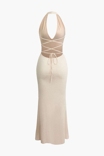 Studded V-neck Halter Lace Up Backless Maxi Dress