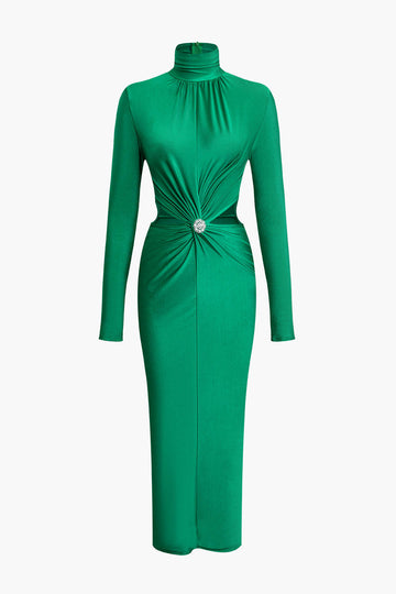 Rhinestone Twist Ruched Cut Out Turtleneck Long Sleeve Midi Dress