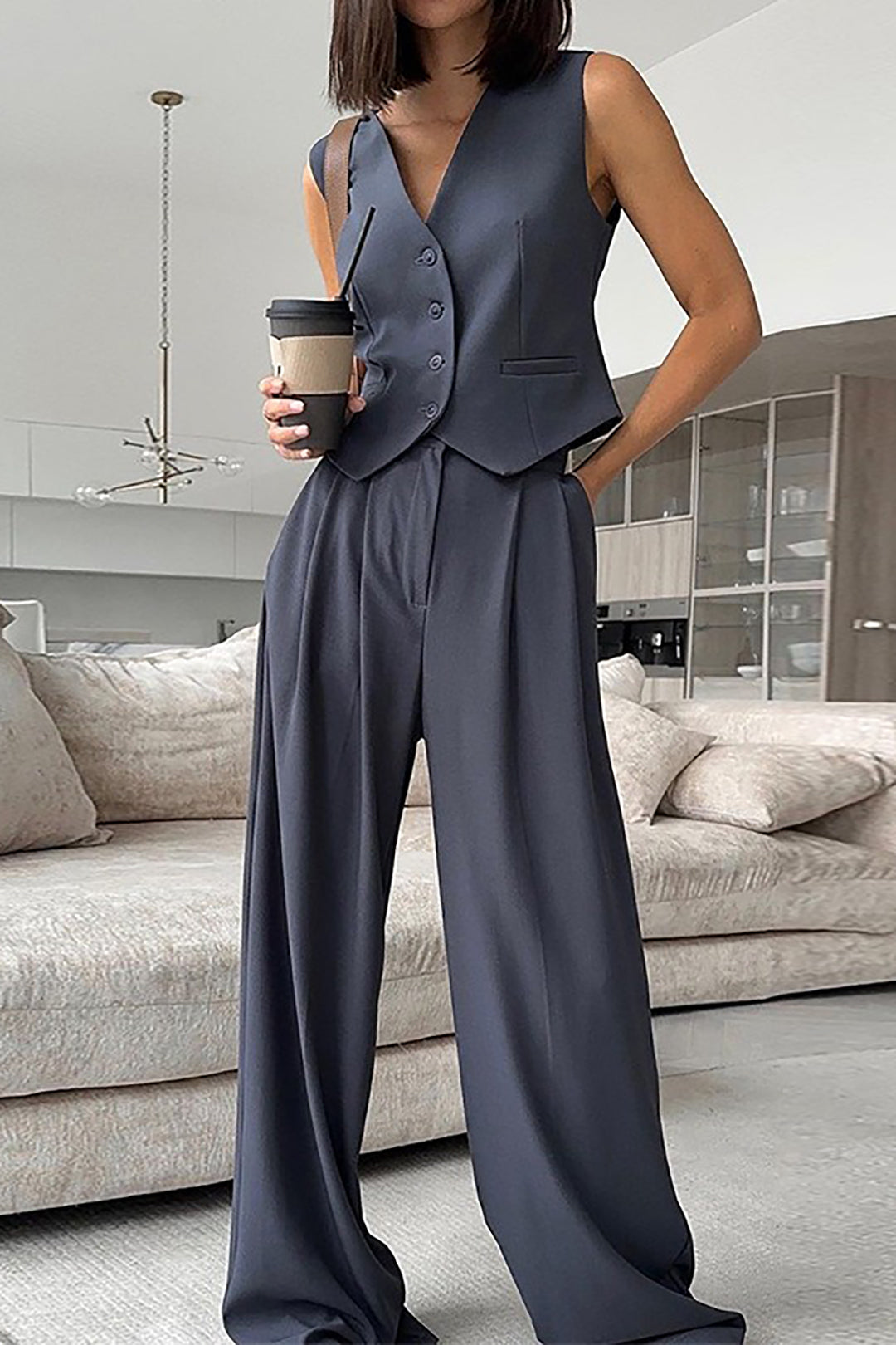 V-neck Sleeveless Vest And Wide Leg Pants Set