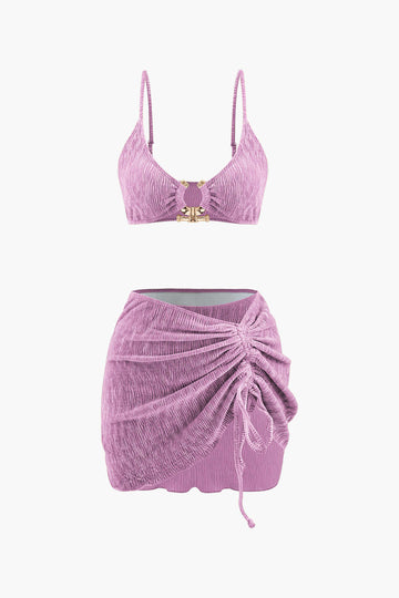 Velvet Textured U-ring Bikini And Sarong 3pc Set