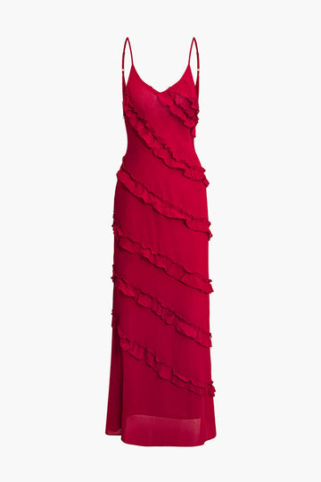 V-neck Tiered Ruffle Backless Maxi Dress