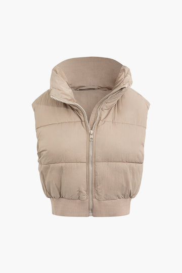 Stand Collar Sleeveless Zipper Puffer Vest