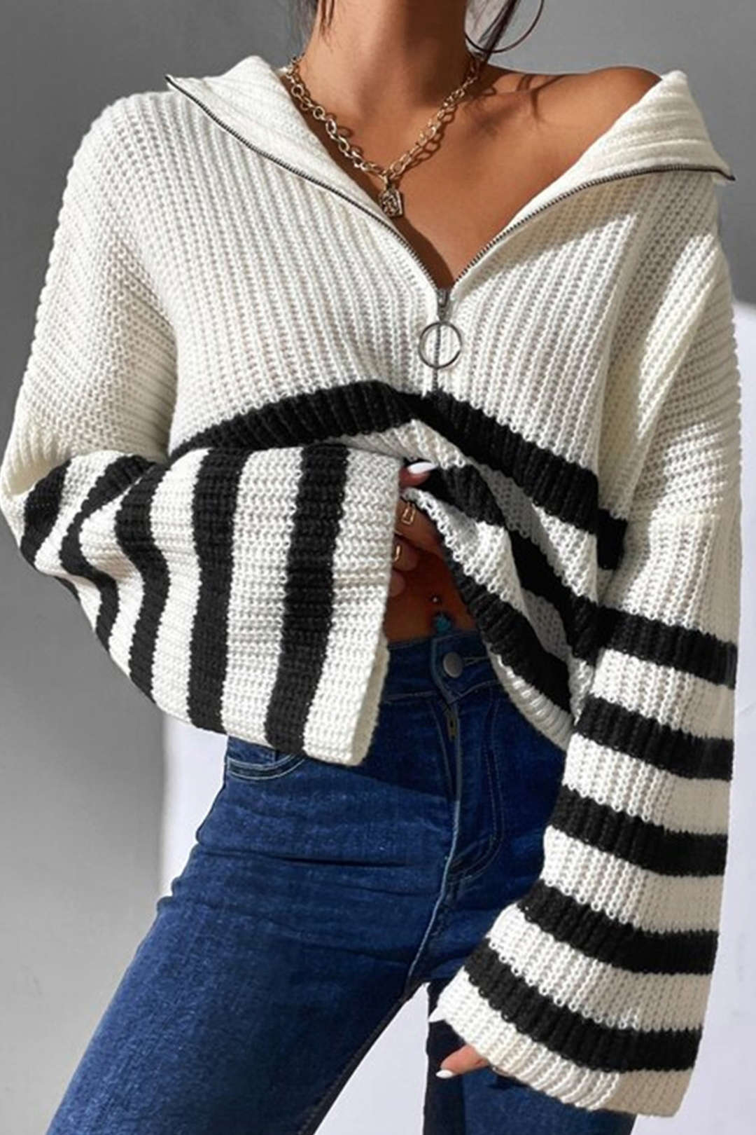 Oversized Stripe Zipper Stand-Up Collar Sweater