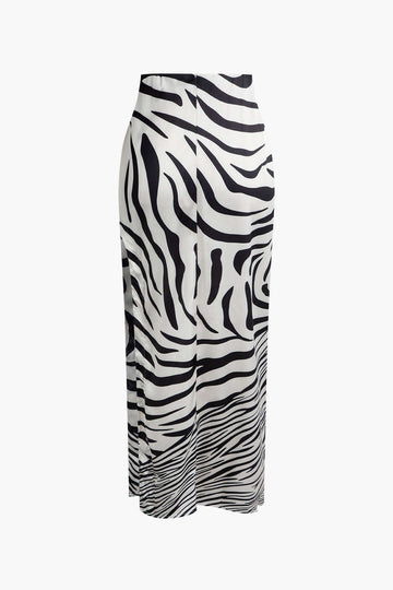 Zebra Print Chain Halter Cowl Neck Backless Top And Split Skirt Set