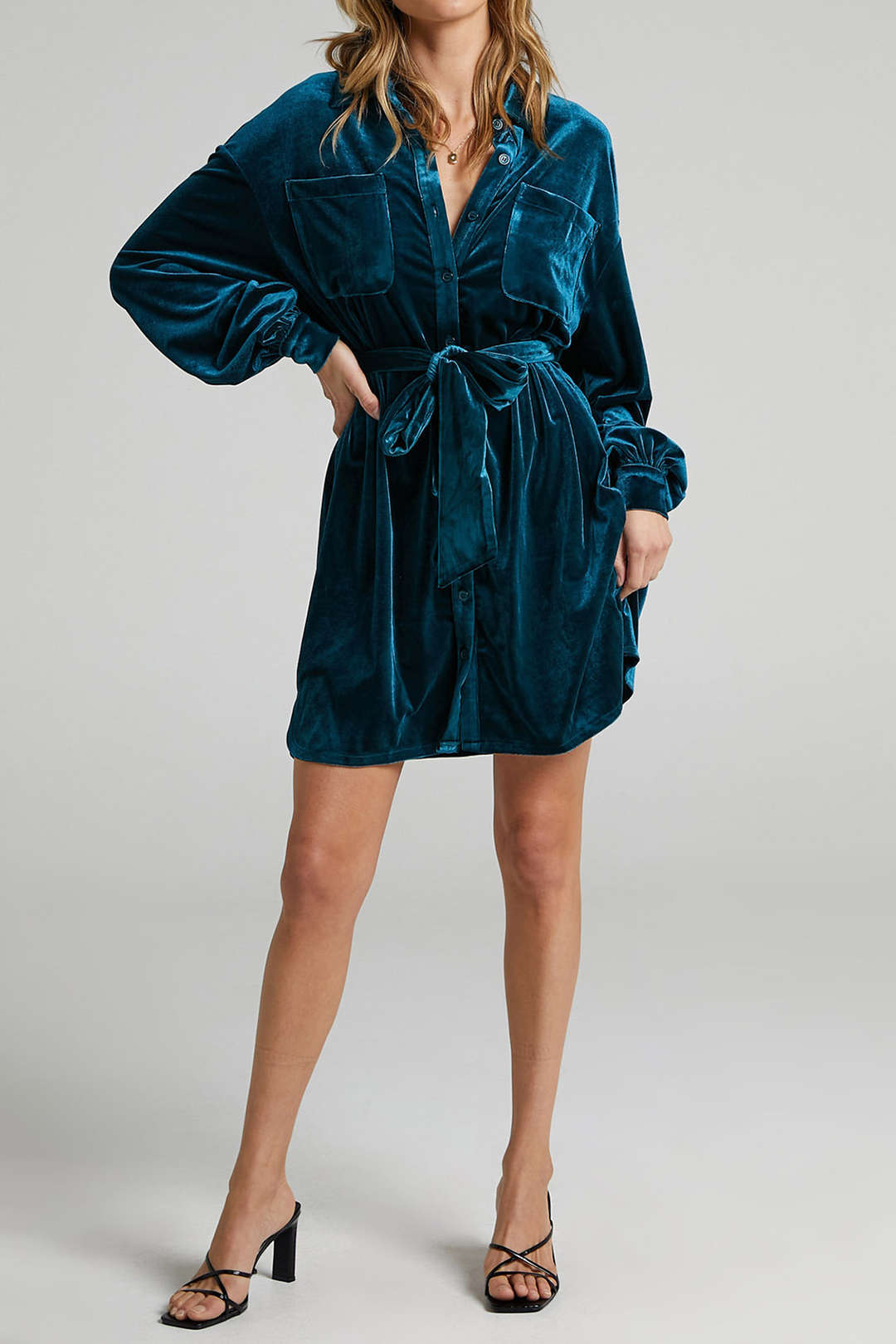 Velvet Chest Pocket Belted Mini Shirt Dress