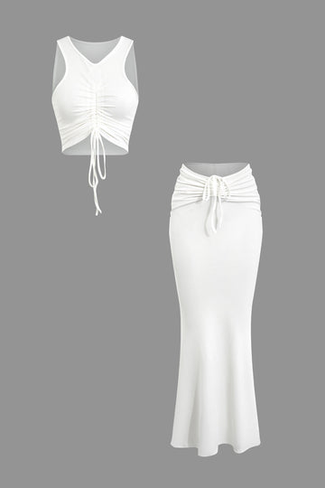 Ruched Drawstring Tank Top And Mermaid Maxi Skirt Set