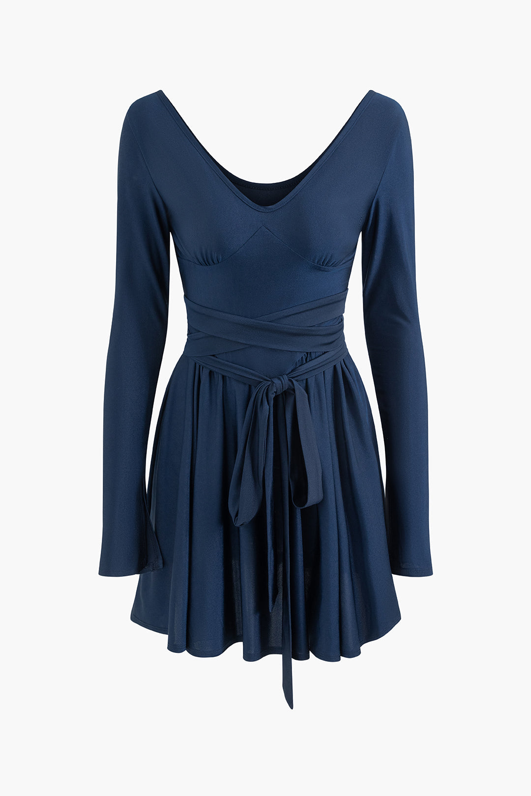 V-neck Wrap Tie Pleated Long Sleeve Mini Dress