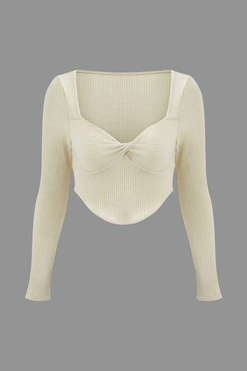 Square Neck Twist Front Crop Rib Knit Long Sleeve Top