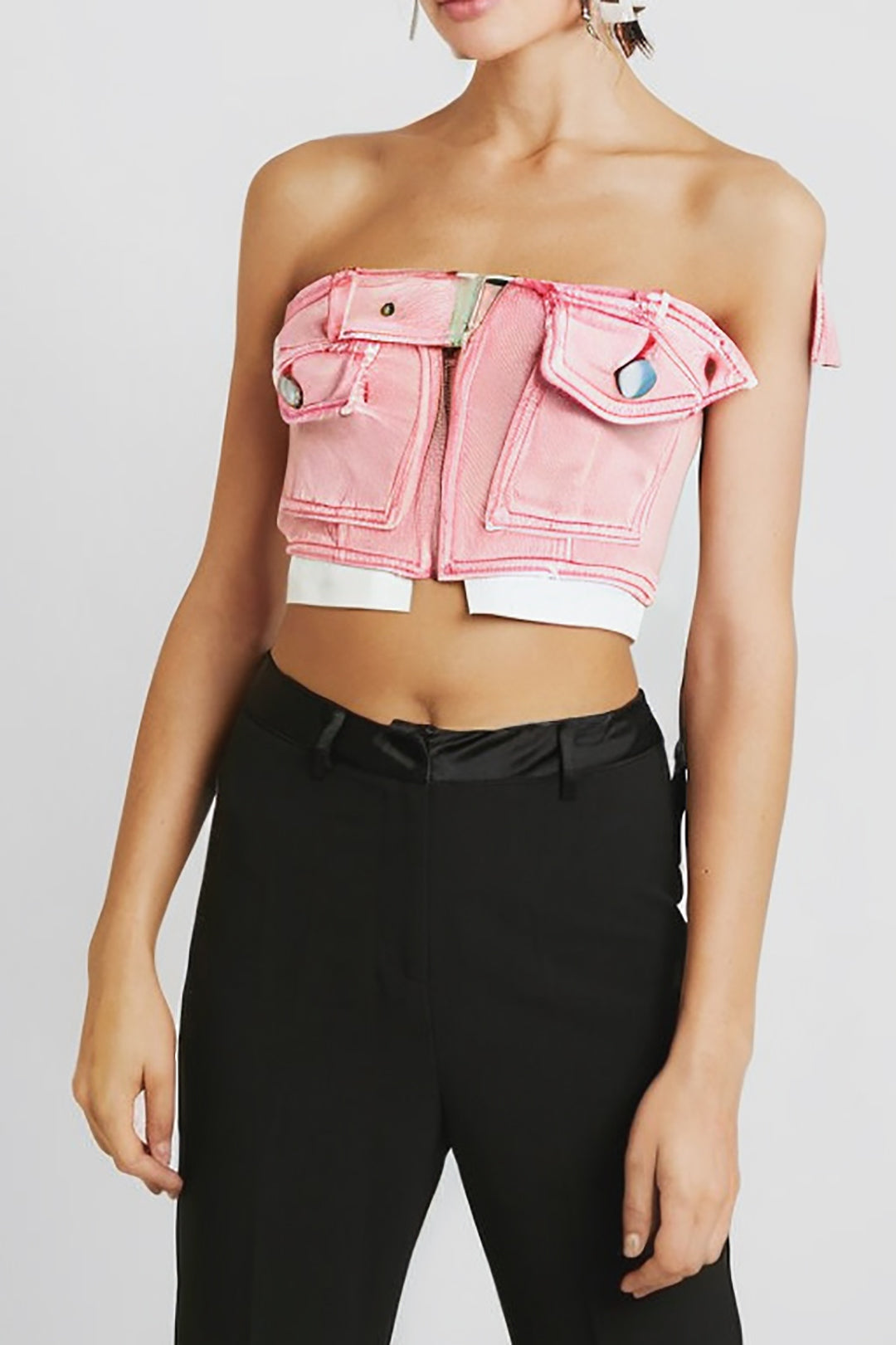 Belt Zipper Patchwork Denim Tube Top