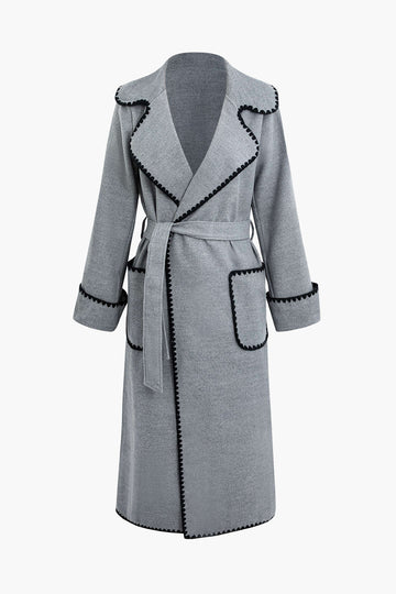 Scallop Trim Notched Lapel Belted Long Coat