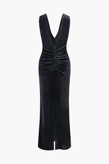 V-neck Sleeveless Velvet Ruched Slit Maxi Dress