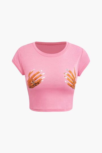 Hands Print Round Neck Crop T-shirt