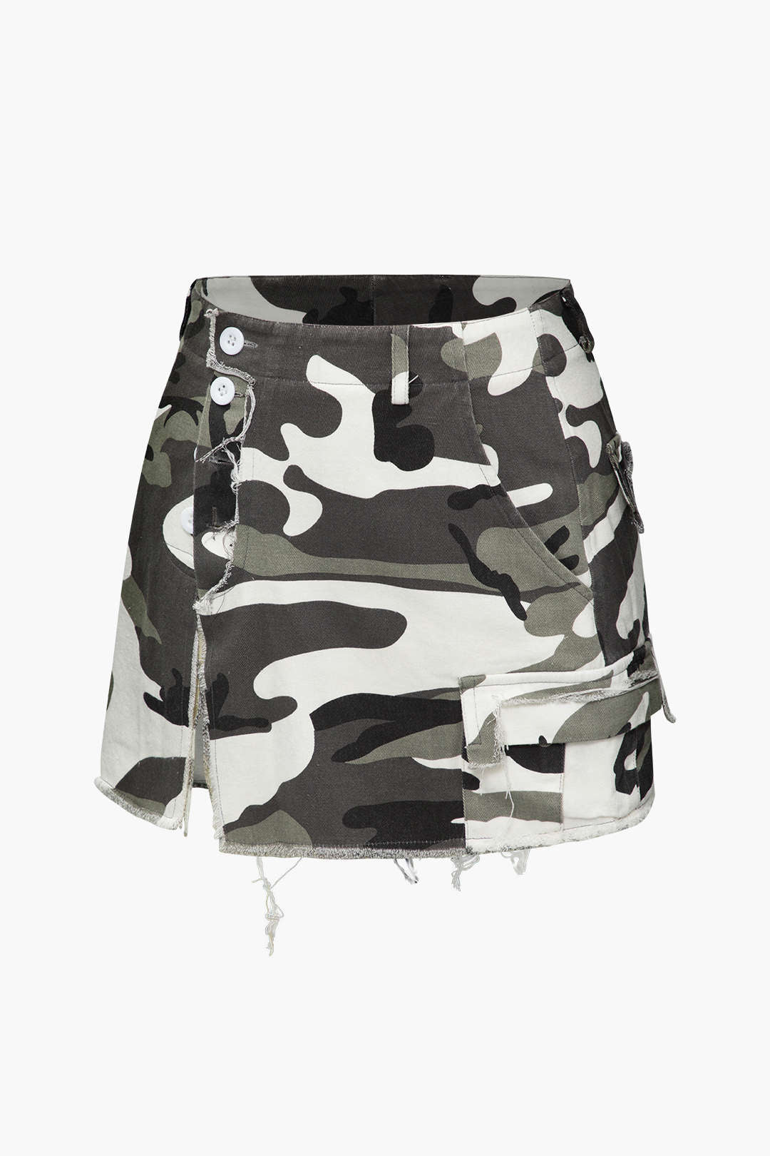 Camo Frayed Hem Cargo Skirt