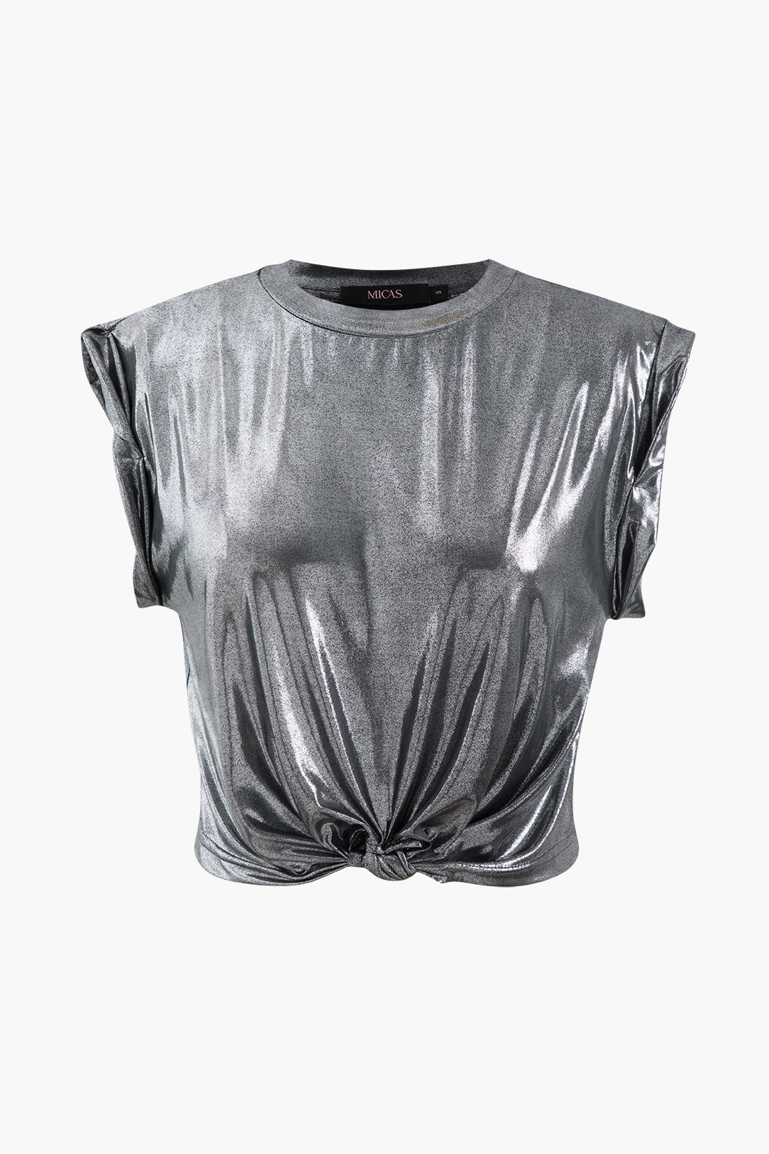 Metallic Rolled Cuff Knot Hem T-Shirt