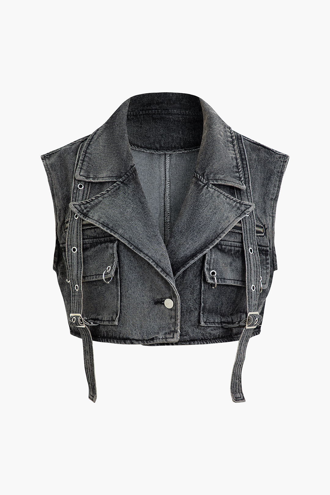 Notched Lapel Belt Flap Pocket Denim Vest