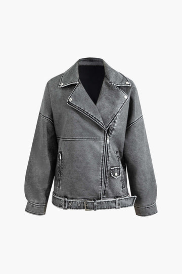 Faux Leather Notched Lapel Zipper Belted Jacket